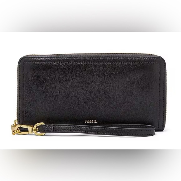 FOSSIL Logan RFID Zip-Around Leather Wristlet Wallet Black Cow Hide Leather NWT